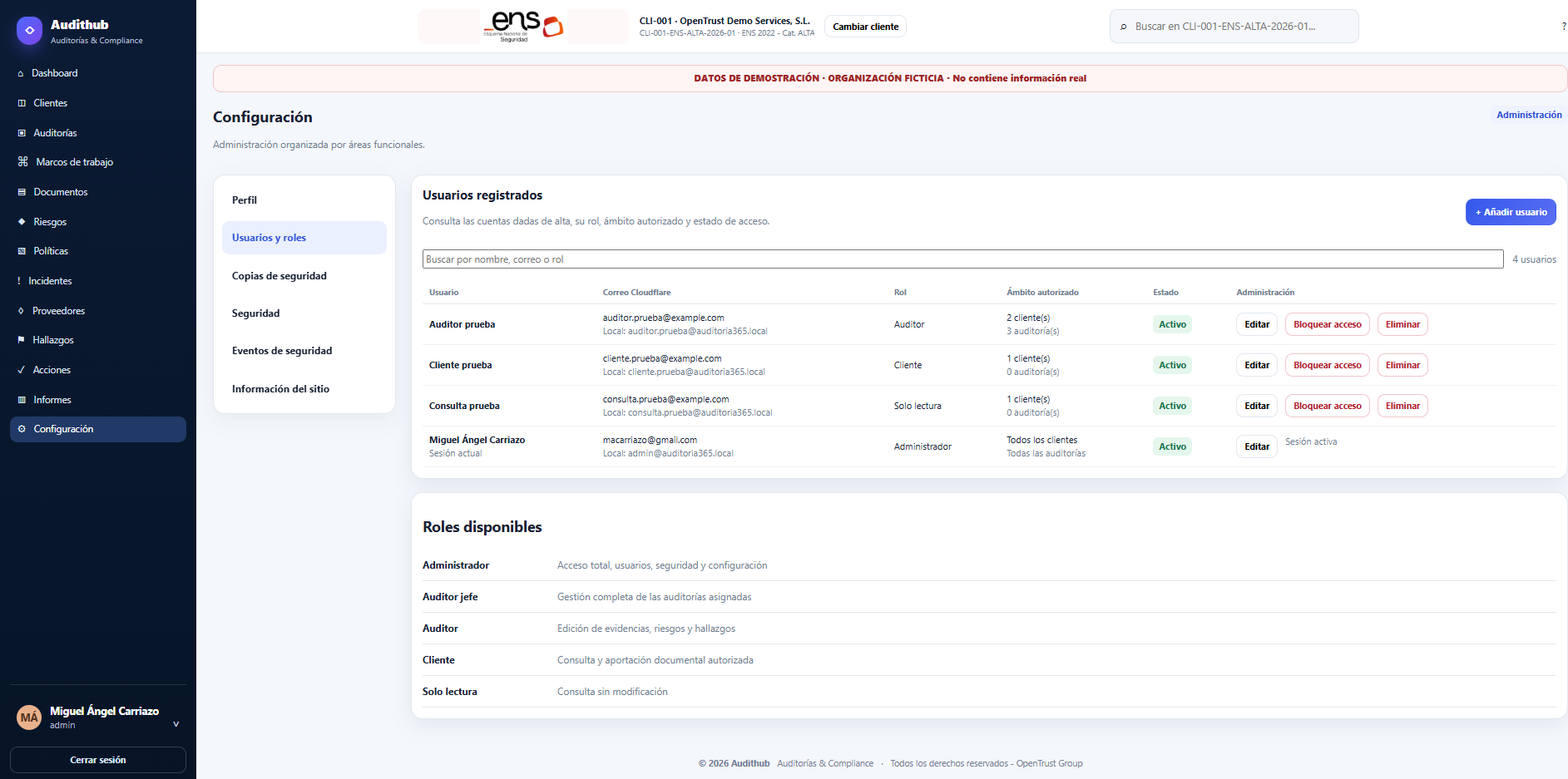Administración · Usuarios y roles